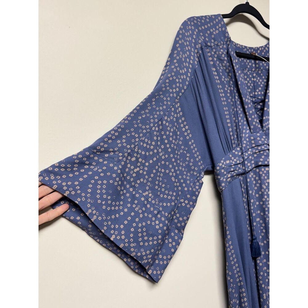 FREE PEOPLE Blue/Tan Modern Kimono Sleeve V-Neck Lace Up Midi/Maxi Dress, Sz 2 - Picture 3 of 16